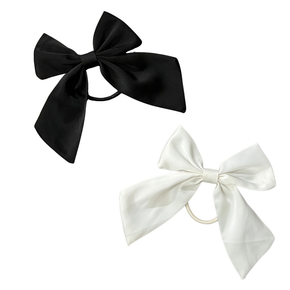 Elegant Satin Bows Hair Tie Lot of 2 Girly Ponytail Holders Black Off White